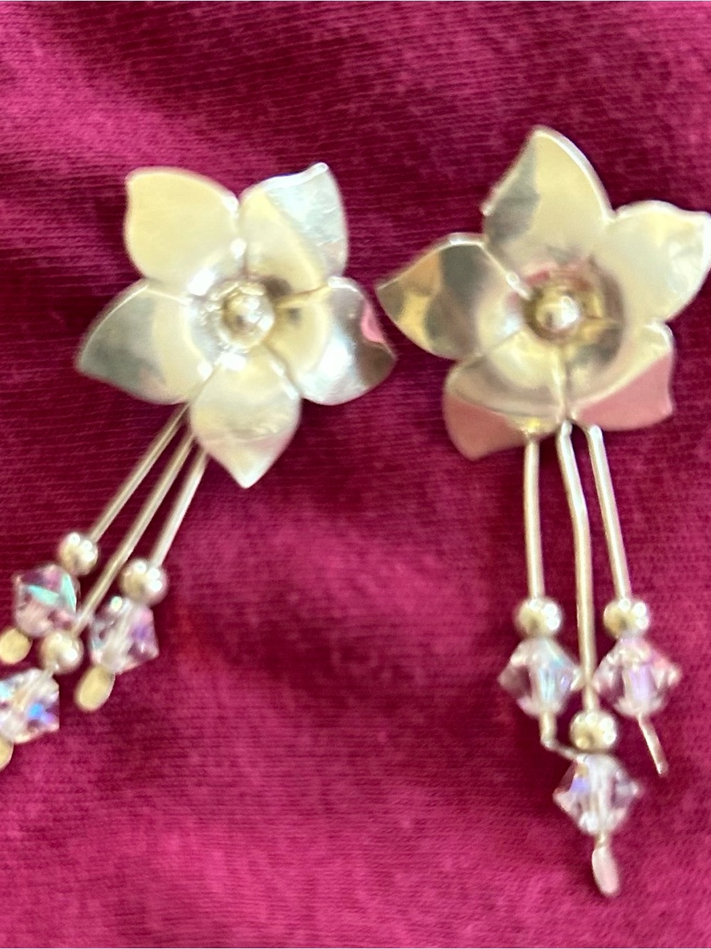 Silver Floral Drop Earrings with Crystal Accents